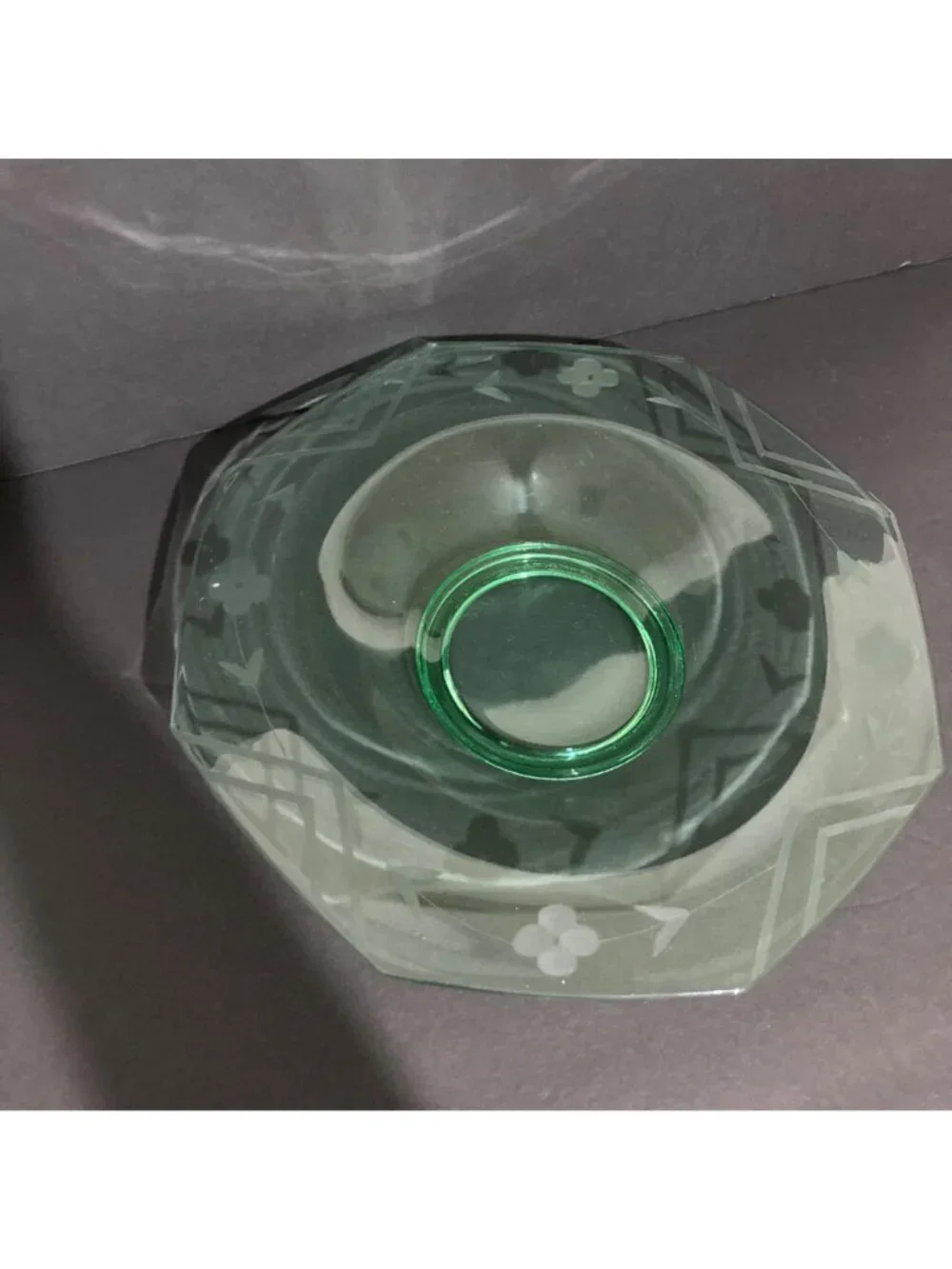 Large Green Depression Glass Uranium Bowl With Floral Chevron Etching 13